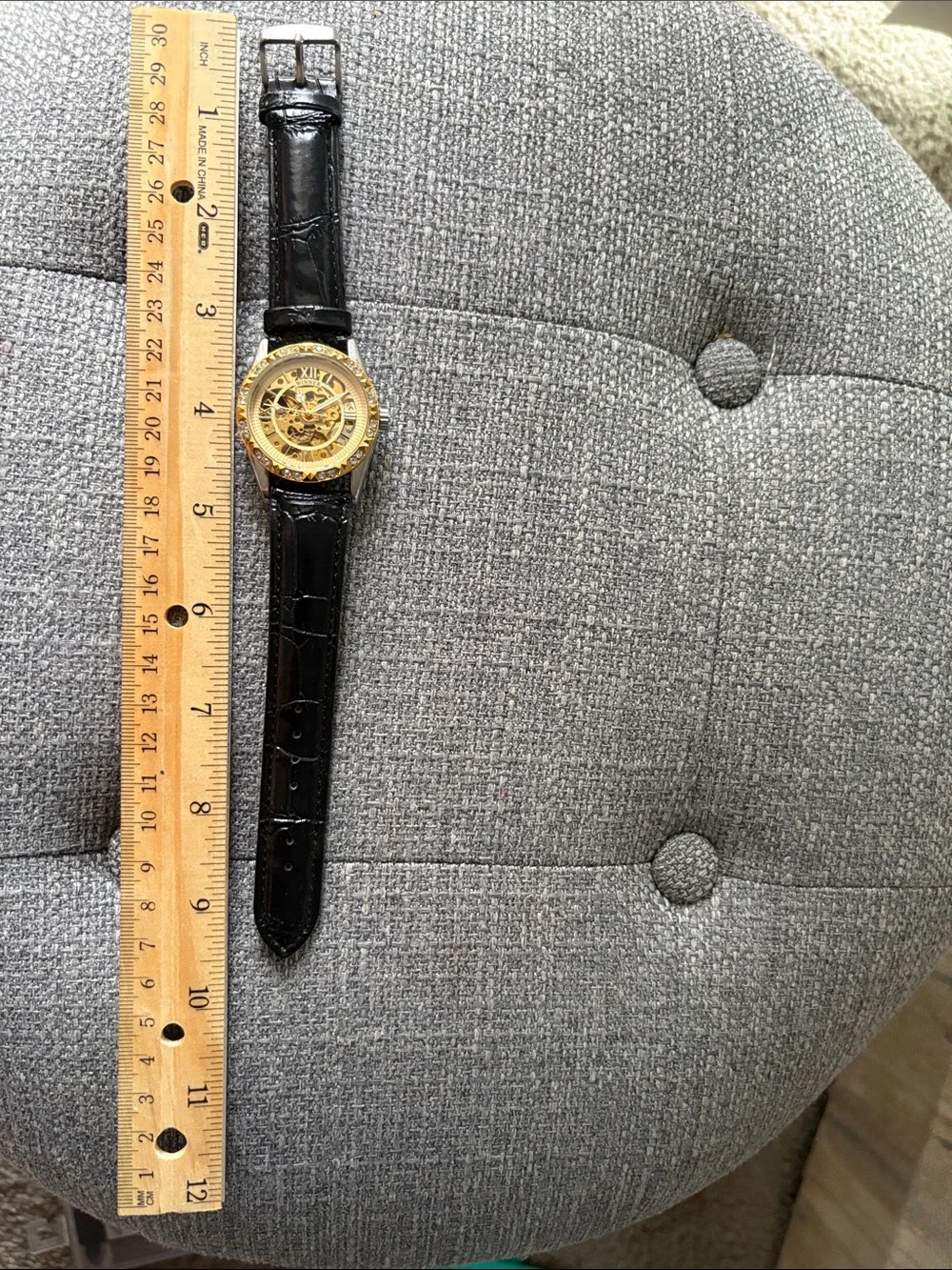 Men's Gold Skeleton Dial Dress Watch with Black Leather Strap